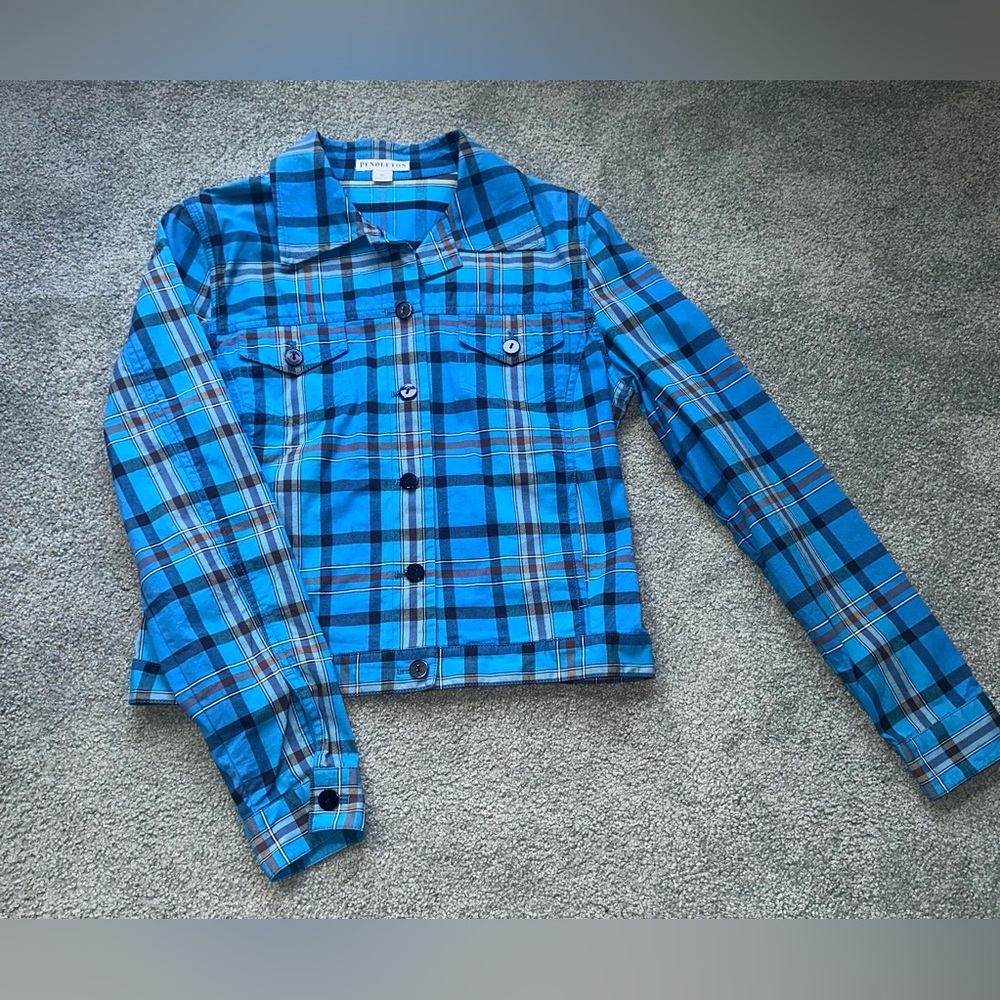 Pendleton Shirt Jacket Womens medium Blue Plaid Lightweight Stretch